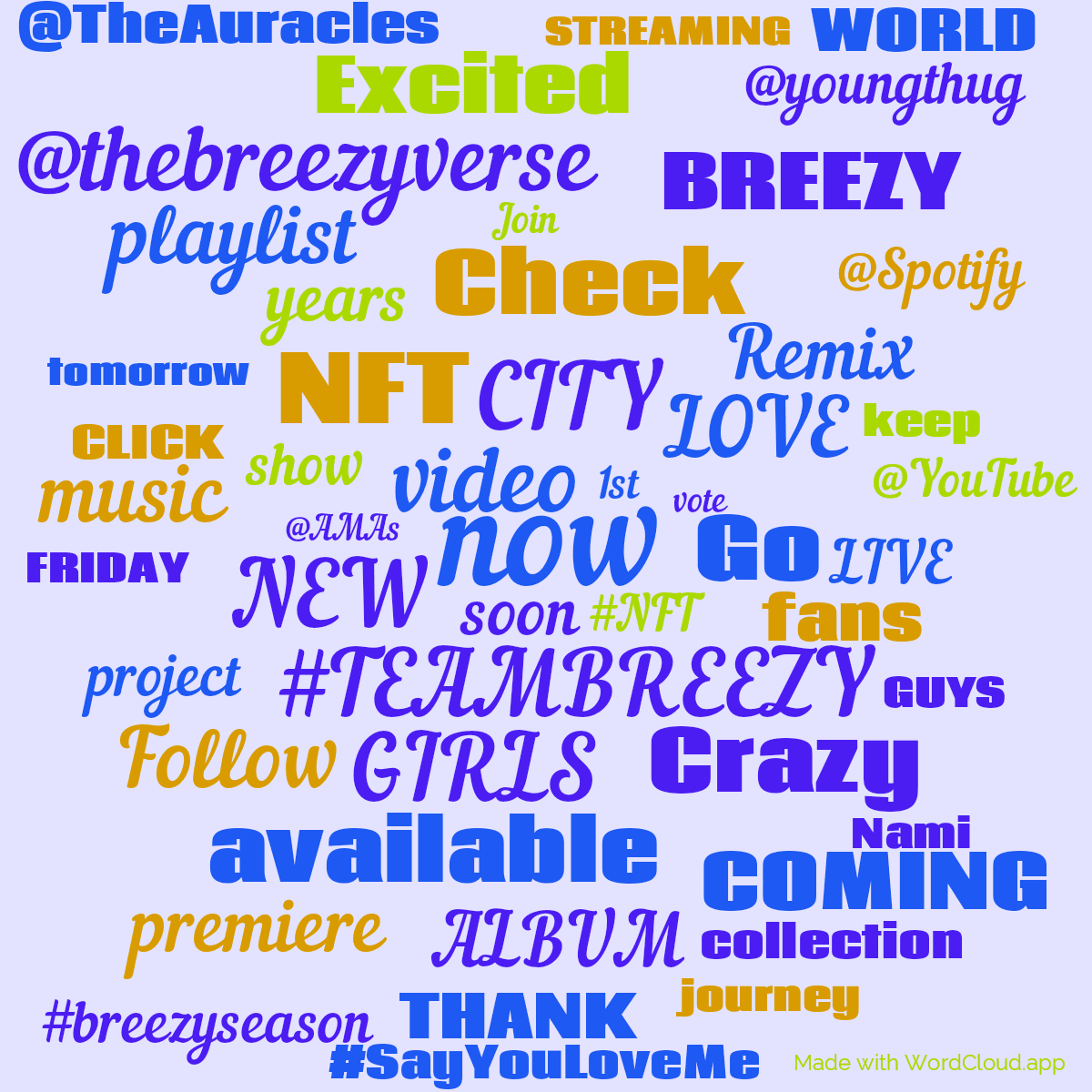 Word cloud with 50 words like now, video and #TEAMBREEZY in blue, yellow and green.