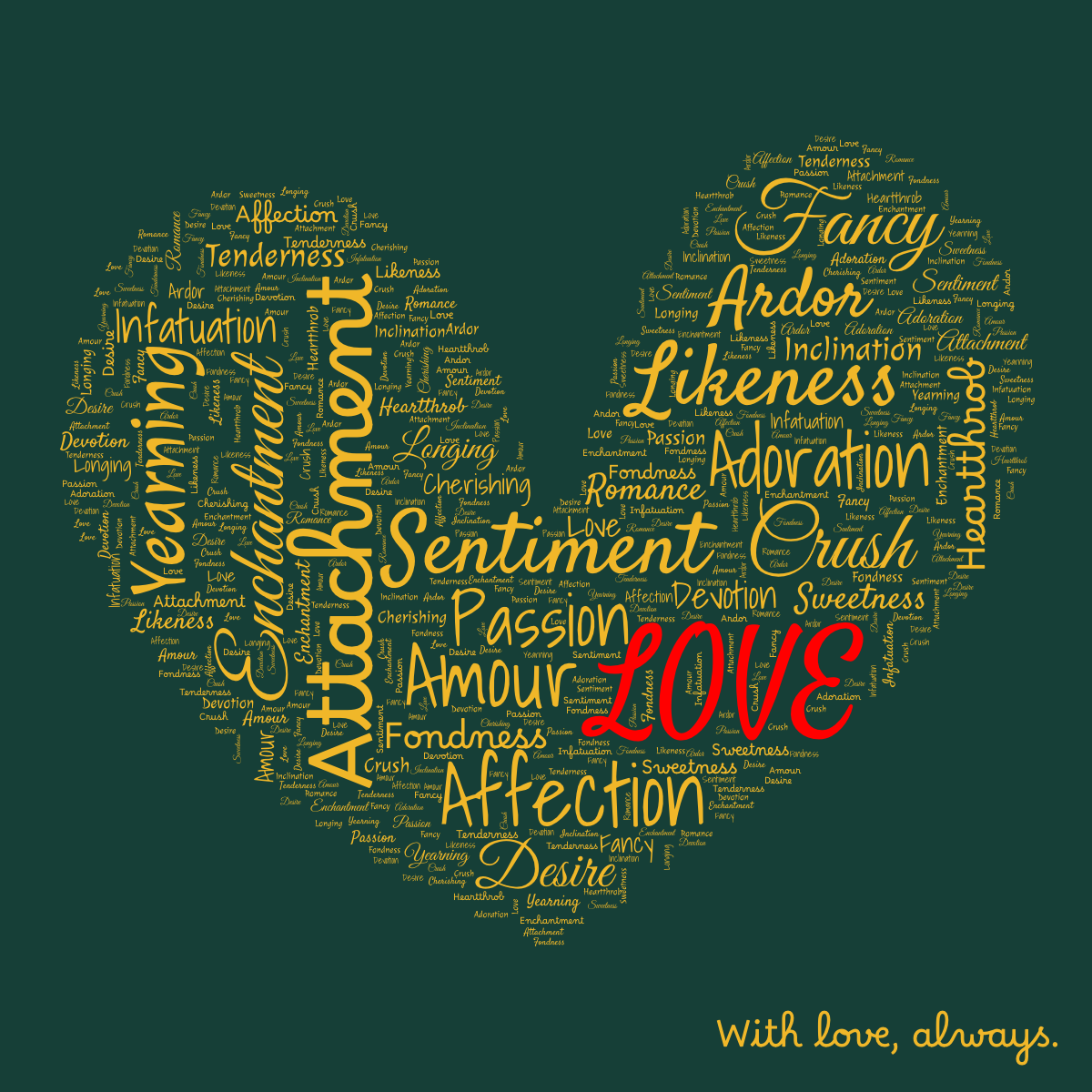 Word cloud in a Doodle Heart shape with 24 words like Love, Adoration and Affection in orange and green.