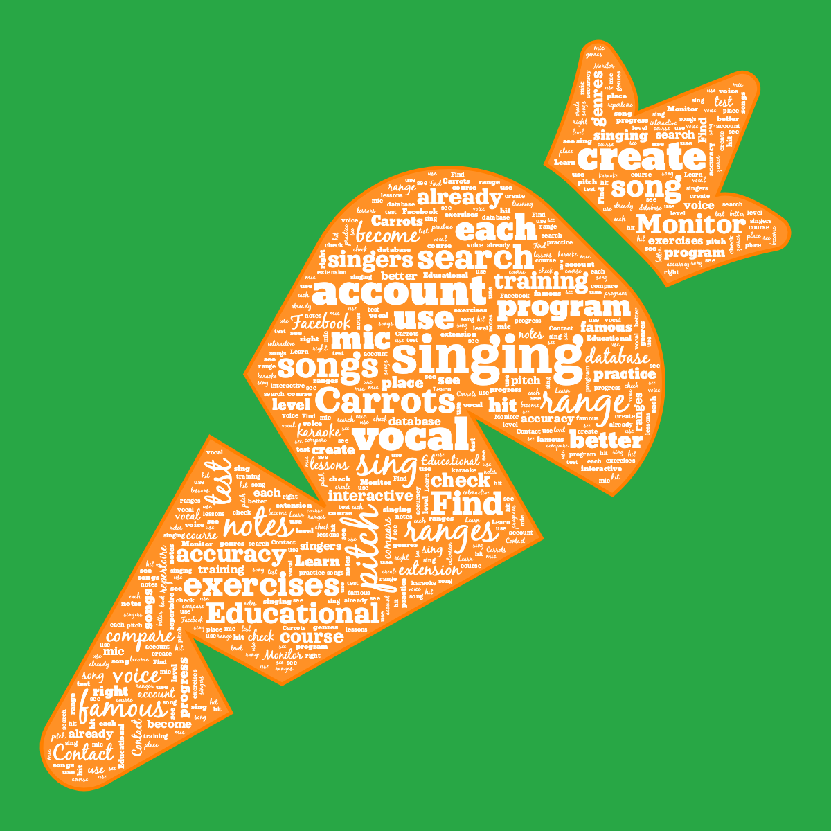 Word cloud in a Carrot shape with 50 words like singing, vocal and pitch in white, green and orange.