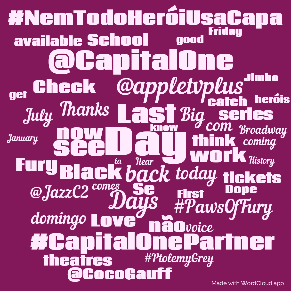 Word cloud with 50 words like Day, Last and back in purple and pink.