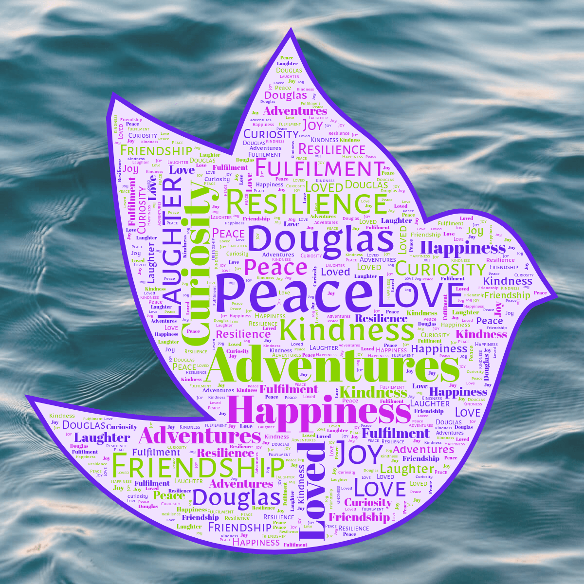 Word cloud in a Bird shape with 13 words like Peace, Love and Douglas in purple and green.