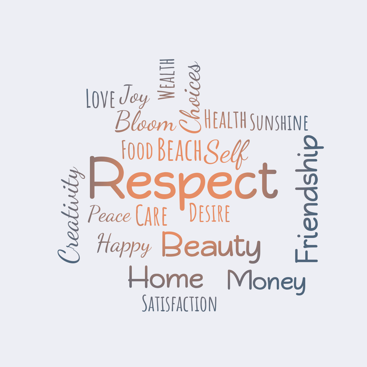 Word cloud with 21 words like Respect, Self and Beach in red and blue.