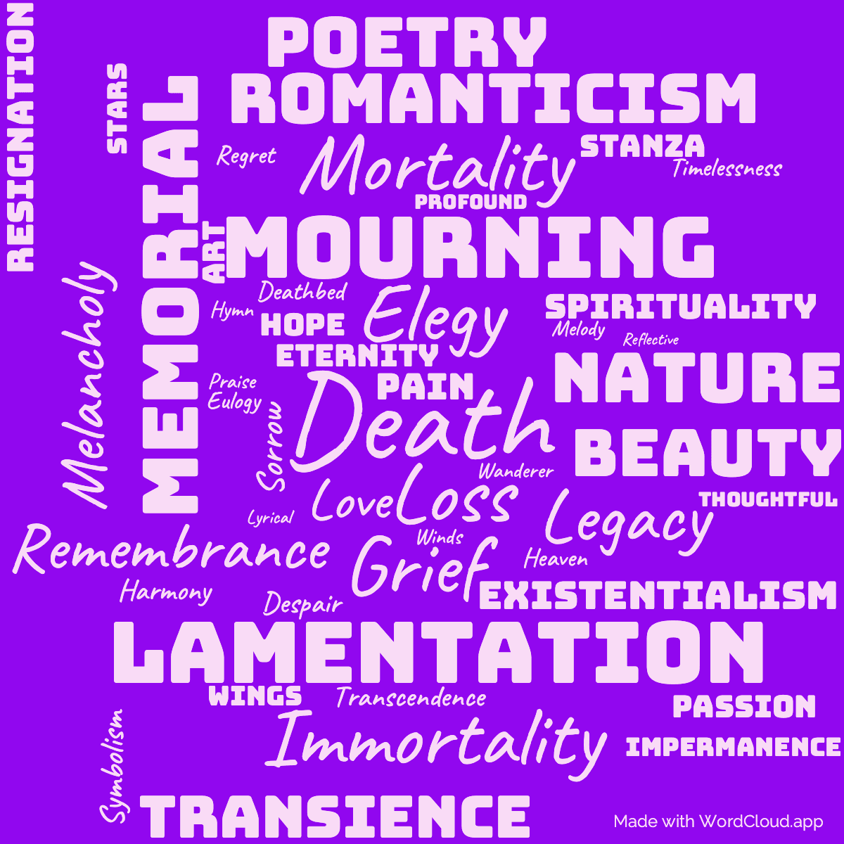 Word cloud of the book Adonais with 49 words like Death, Elegy and Loss.