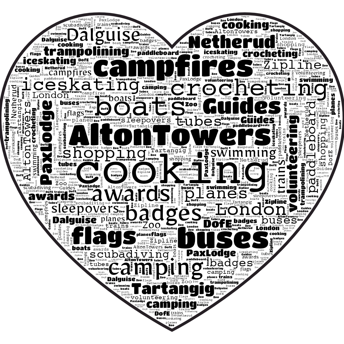 Word cloud in a Heart shape with 30 words like cooking, AltonTowers and awards in black, white and purple.