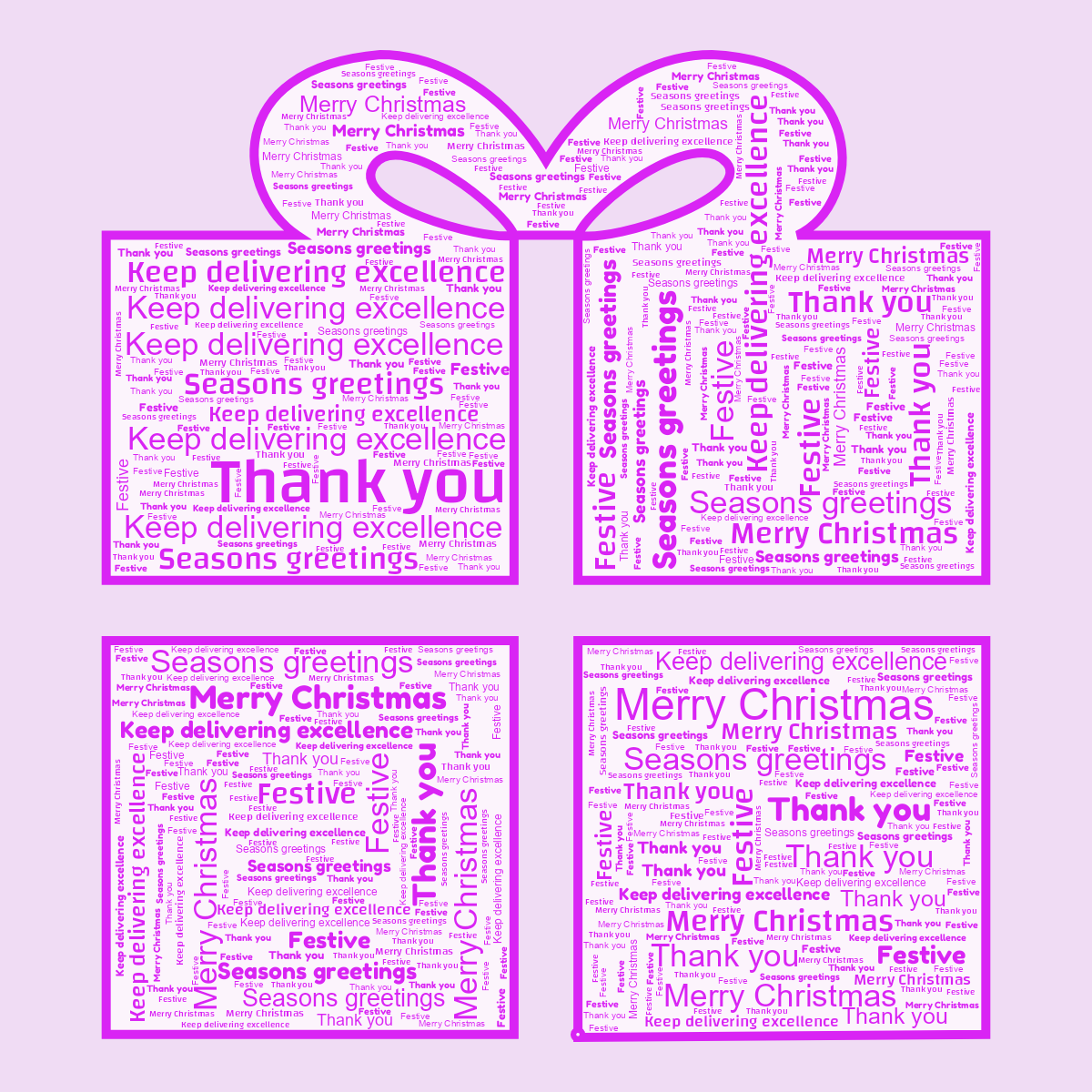 Word cloud in a Gift shape with 5 words like Thank you, Merry Christmas and Keep delivering excellence in purple.