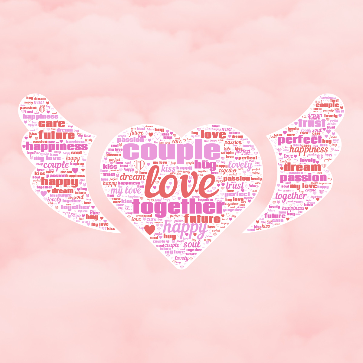 Word cloud in a Heart Wings shape with 19 words like love, couple and together in multicolor.