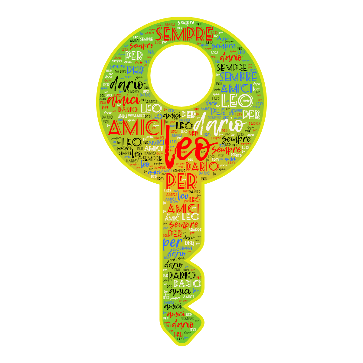 Word cloud in a Key shape with 5 words like leo, dario and amici in multicolor.
