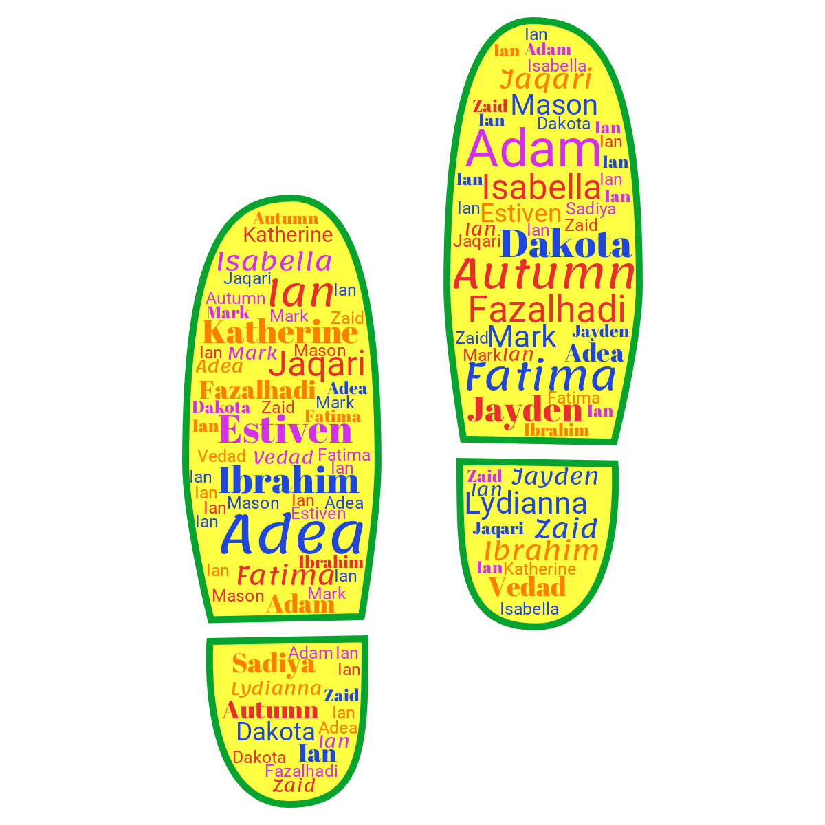 Word cloud in a Footprints shape with 19 words like Adam, Adea and Autumn in multicolor.