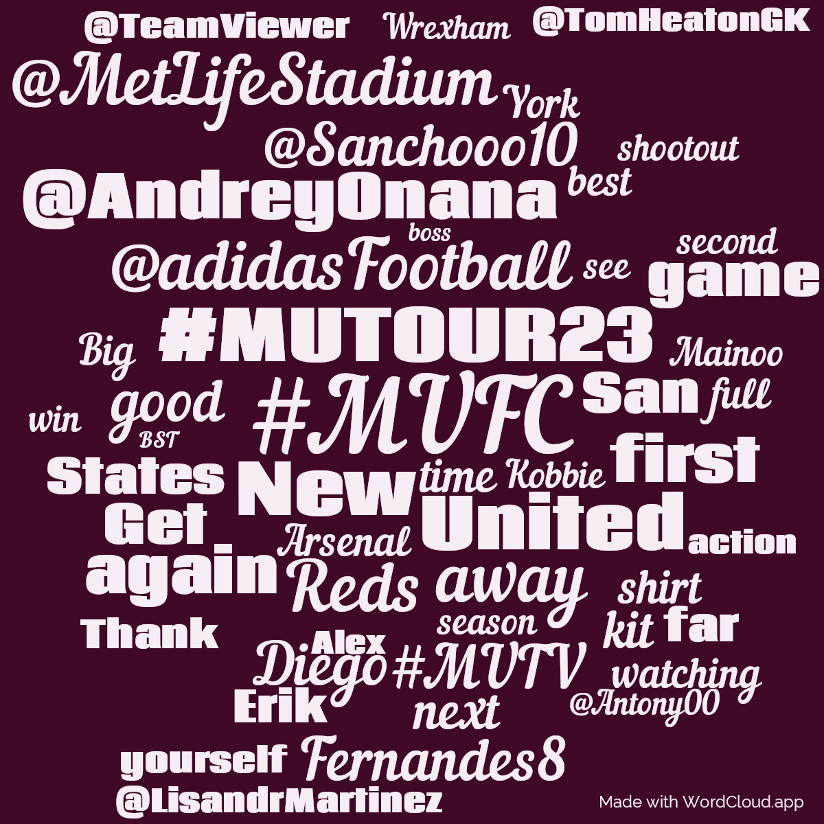 Word cloud with 50 words like #MUFC, #MUTOUR23 and United in purple and pink.