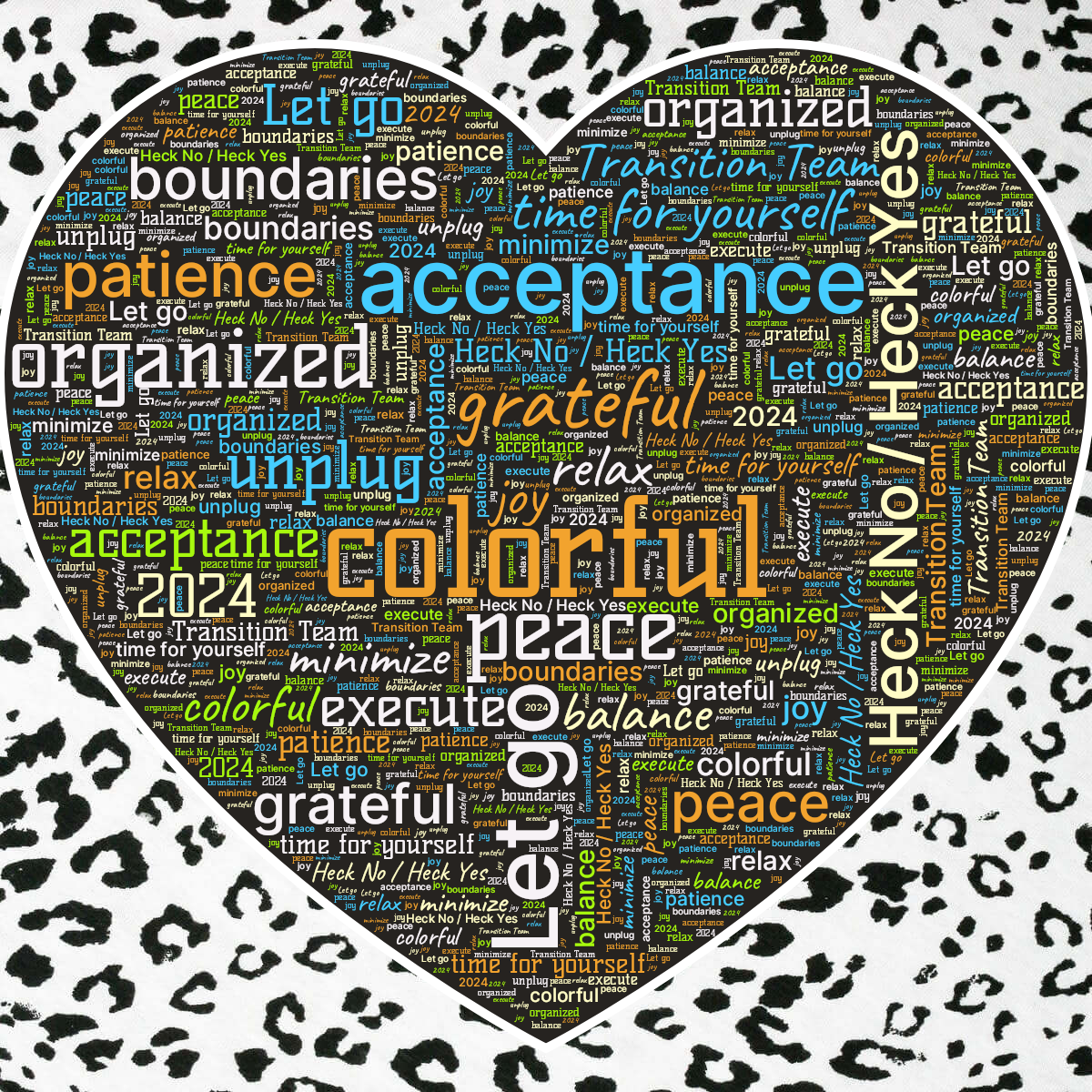 Word cloud in a Heart shape with 18 words like colorful, peace and grateful in multicolor.
