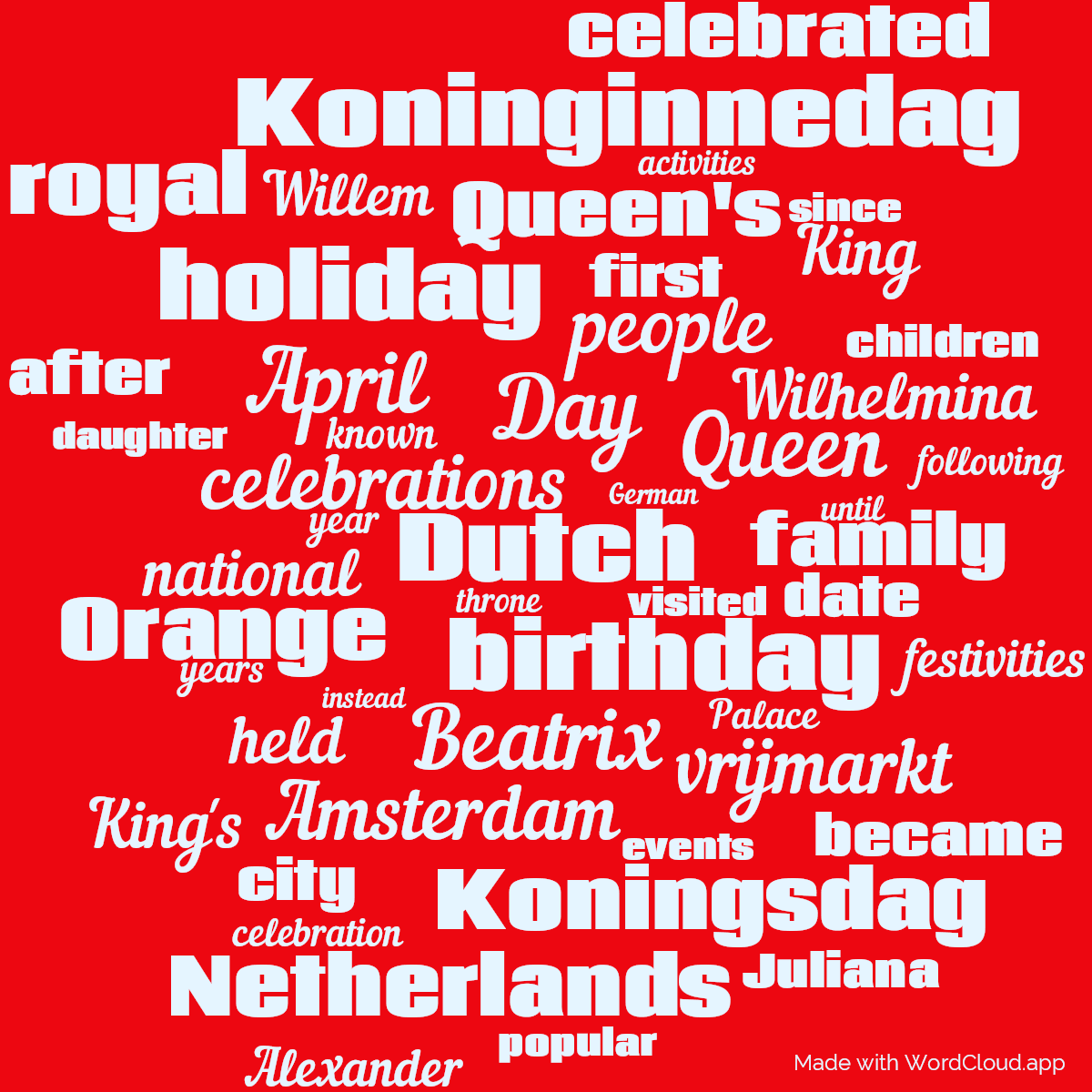 Word cloud with 50 words like Koninginnedag, Dutch and Day in blue and red.