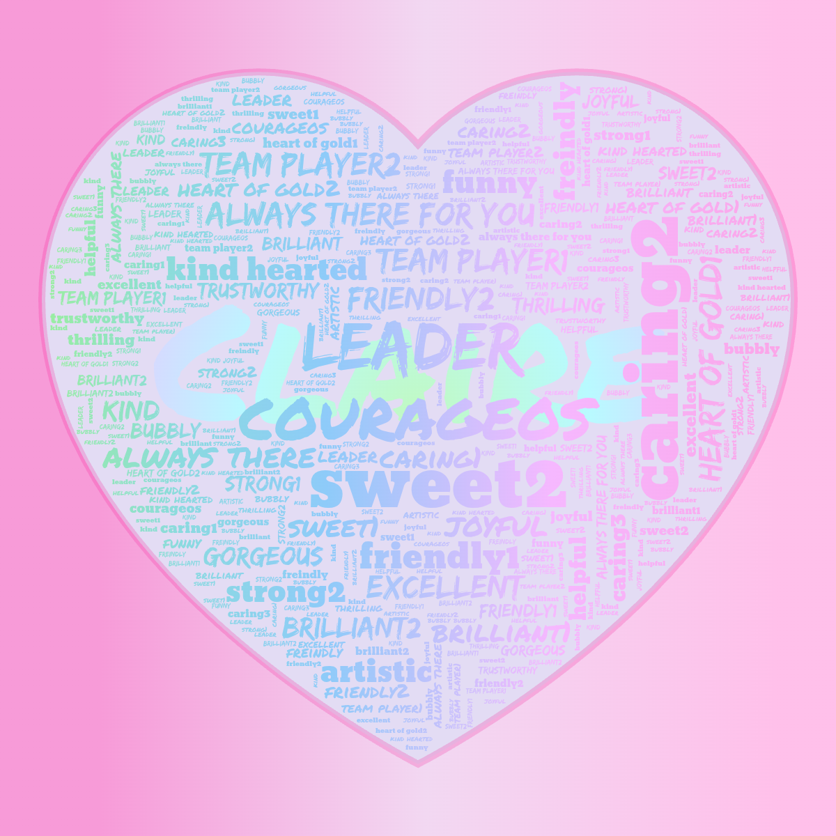 Word cloud in a Heart shape with 33 words like team player1, friendly1 and joyful in multicolor.