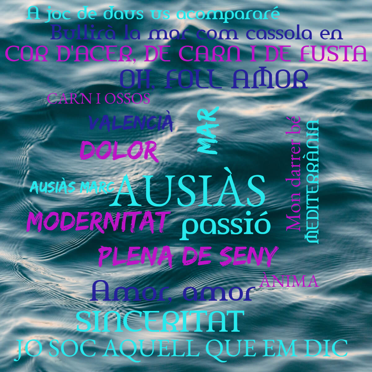 Word cloud with 19 words like AUSIÀS, passió and mar in blue and purple.