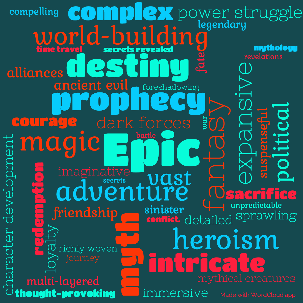 Word cloud of the book The Shadow Rising with 48 words like Epic, fantasy and adventure.