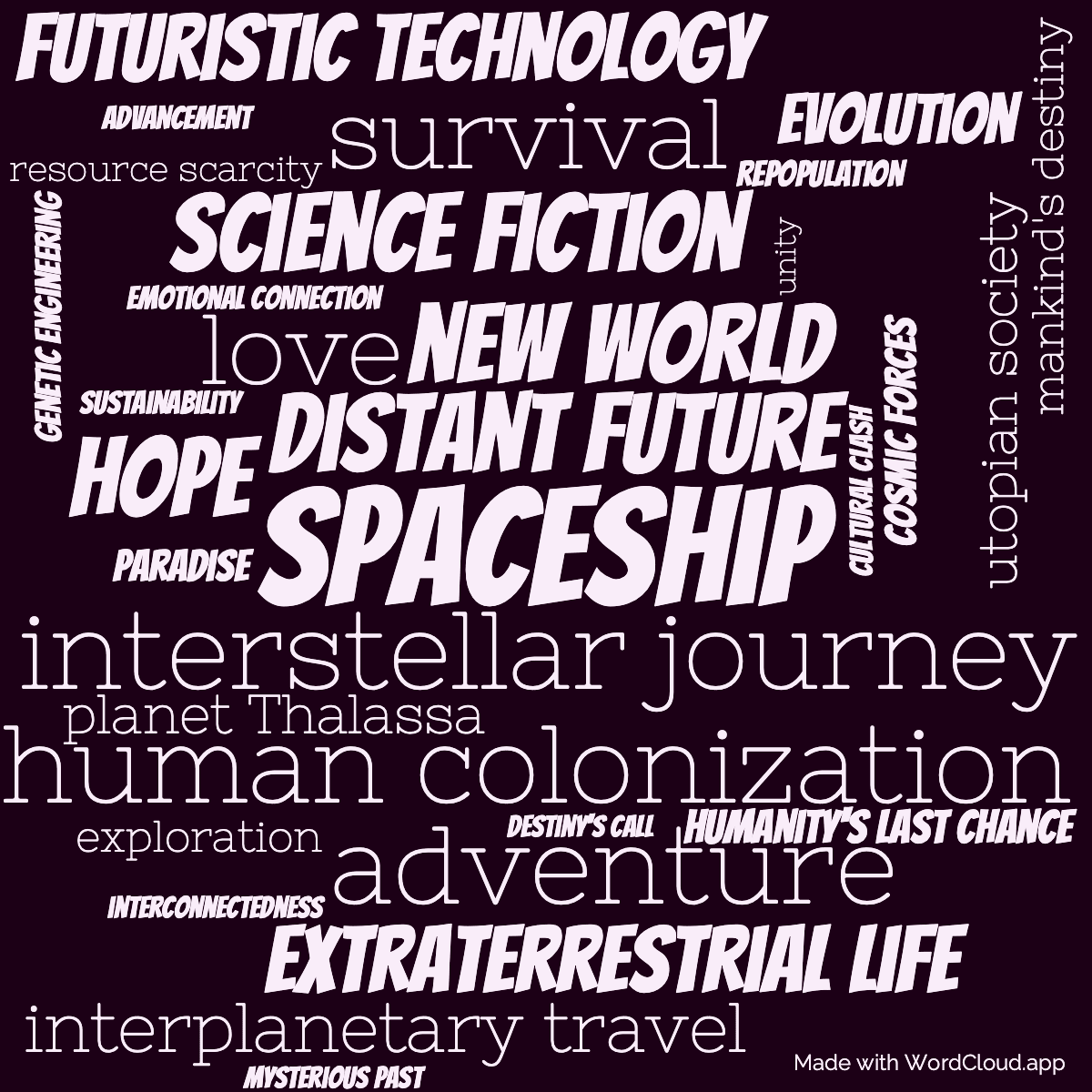 Word cloud of the book The Songs of Distant Earth with 32 words like spaceship, distant future and interstellar journey.