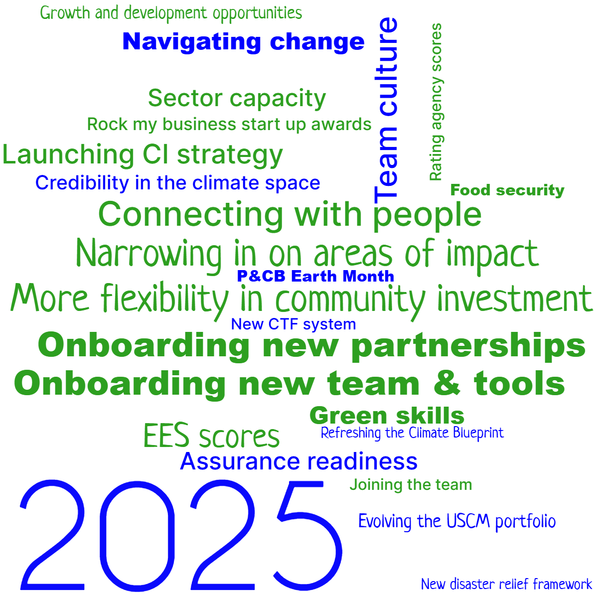 Word cloud with 23 words like Navigating change, Sector capacity and Narrowing in on areas of impac in green, blue and white.