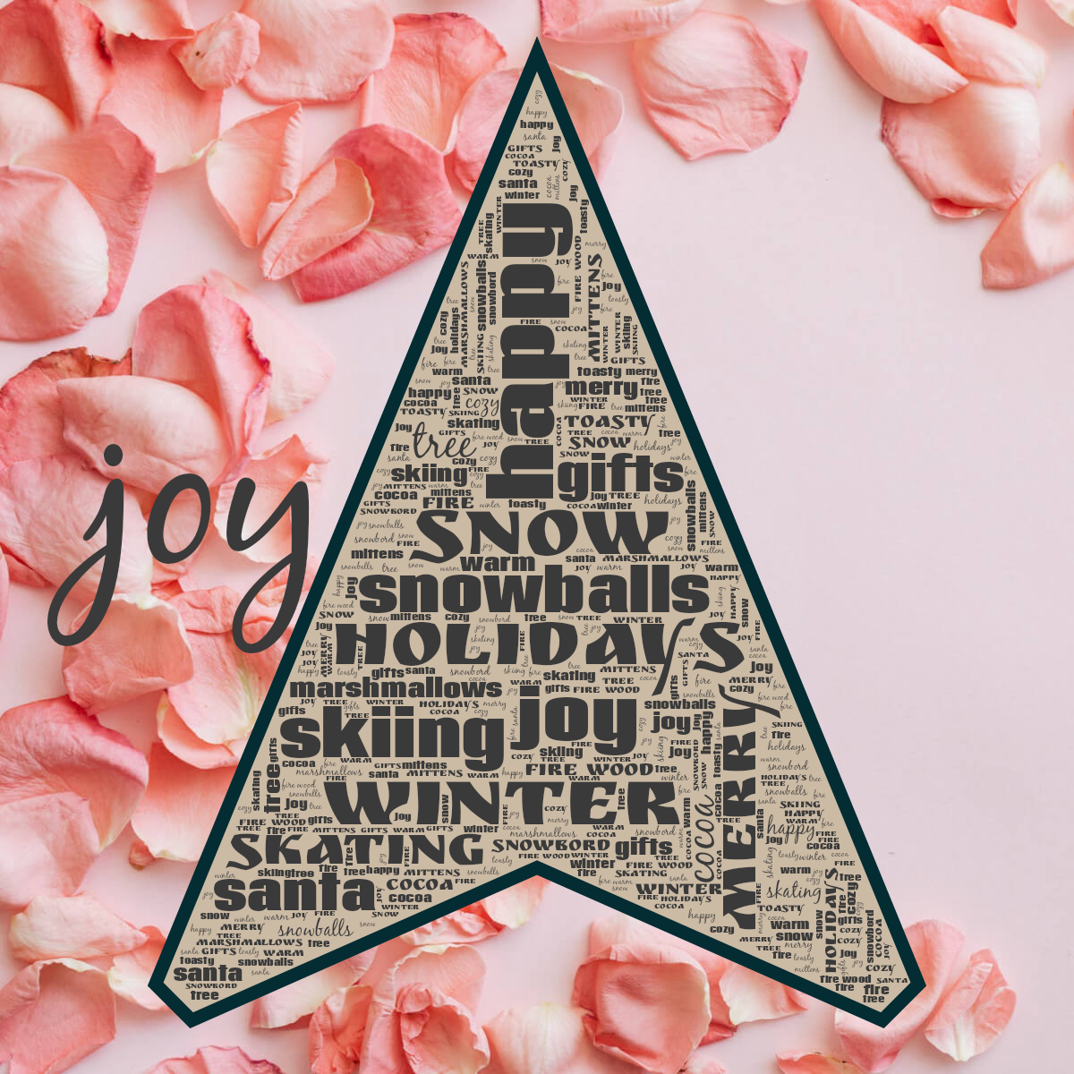 Word cloud in a Navigation Arrow shape with 21 words like winter, snow and happy in gray, orange and blue.
