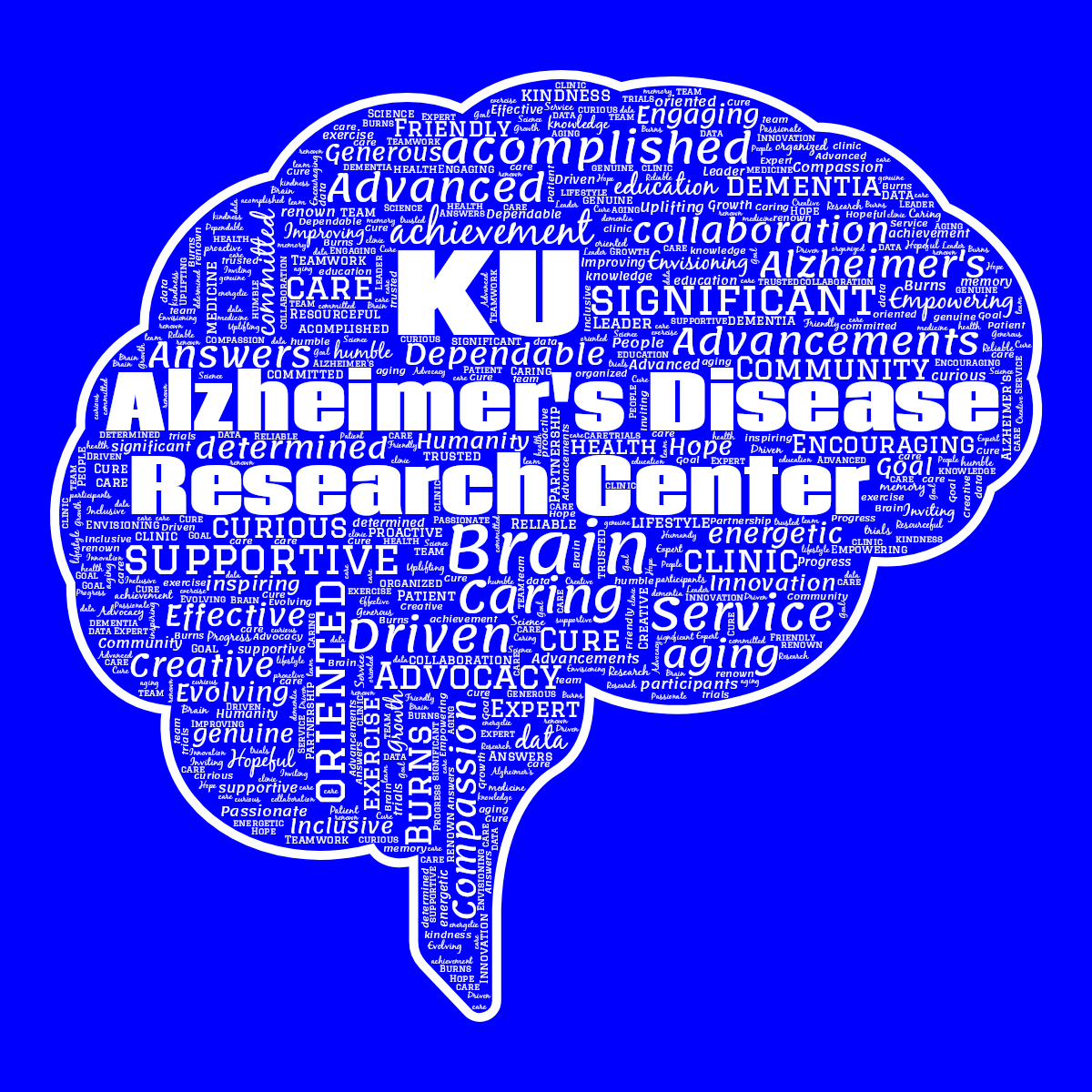 Word cloud in a Brain shape with 78 words like Brain, Caring and Driven in white and blue.