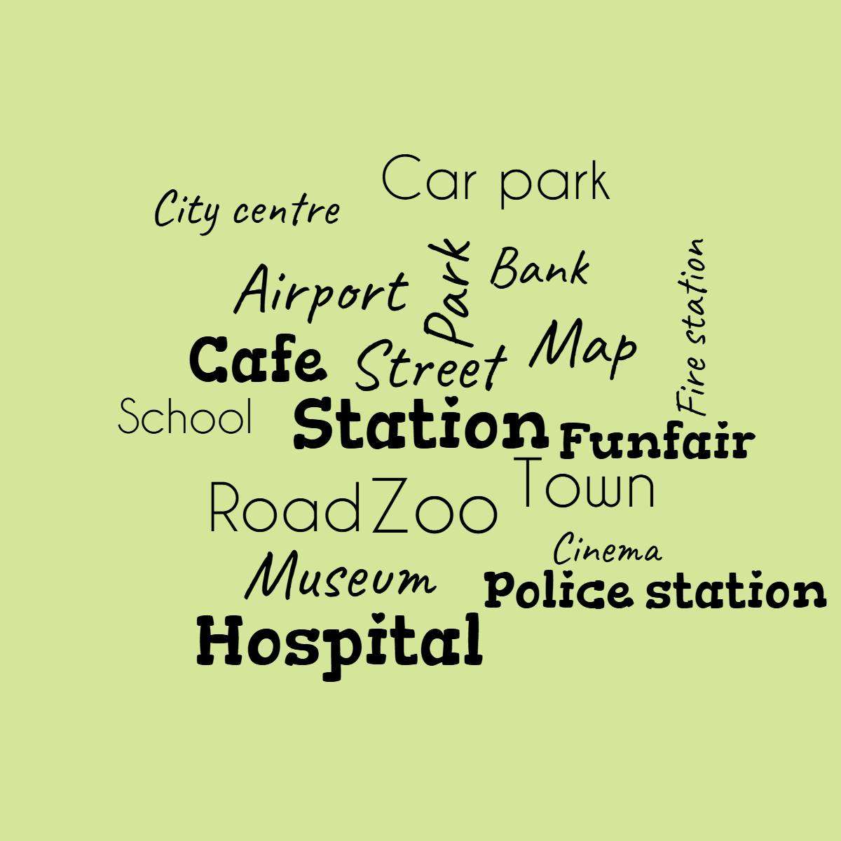 Word cloud with 19 words like Road, Cafe and Park in black and green.