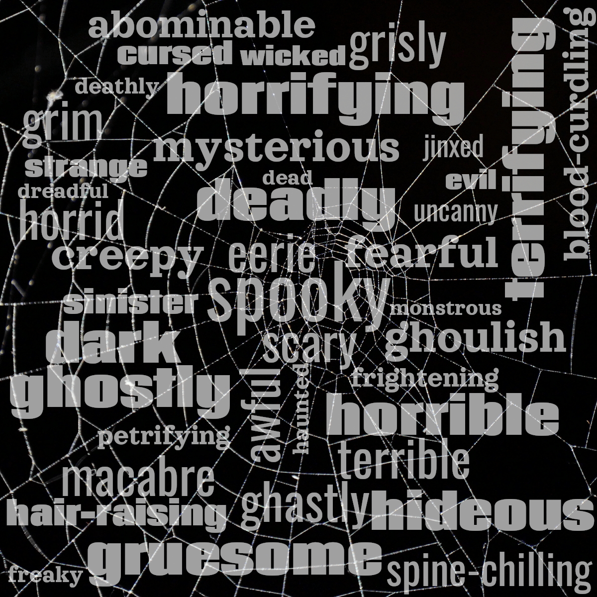 Word cloud with 41 words like spooky, scary and eerie in white.