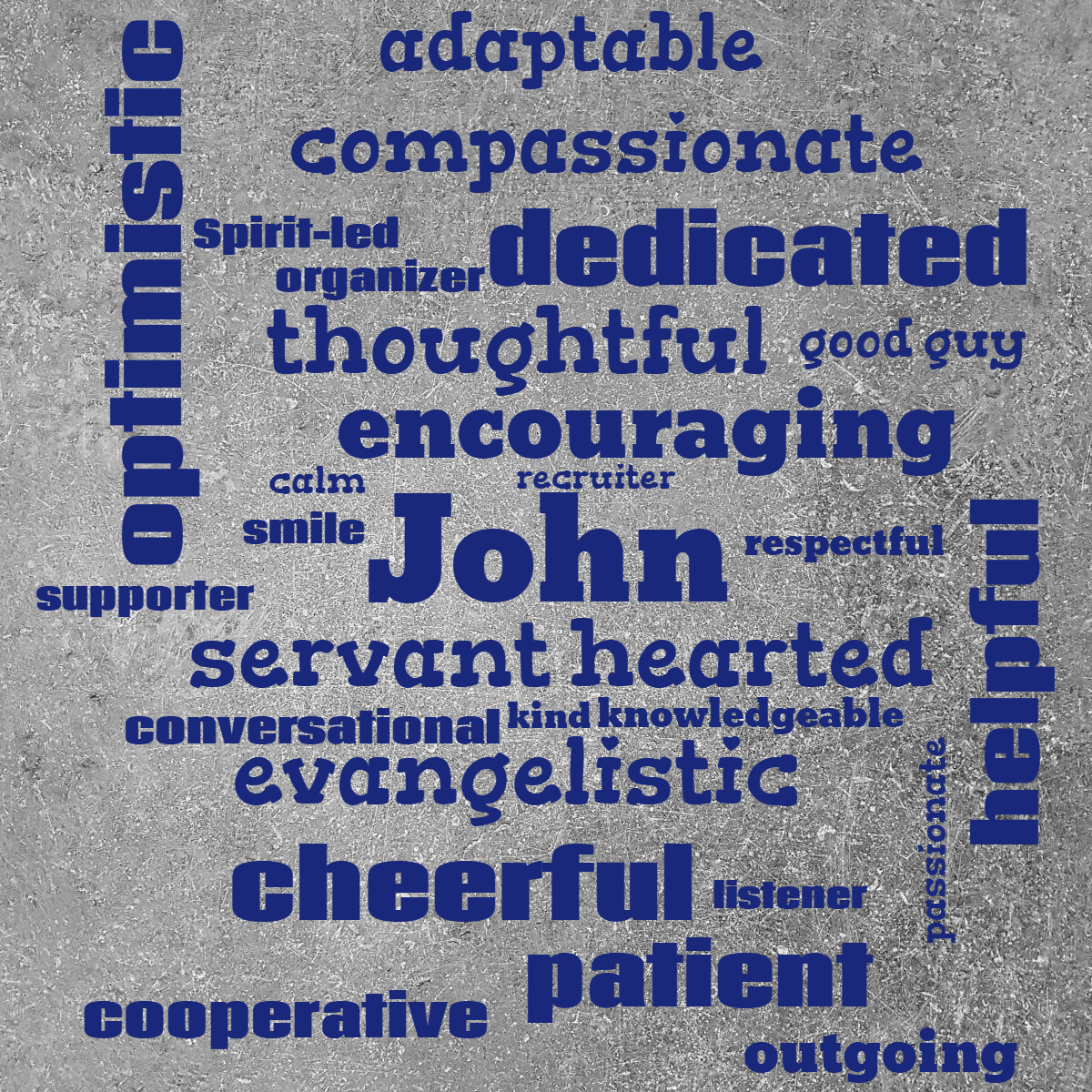 Word cloud with 27 words like John, encouraging and servant hearted in dark blue.