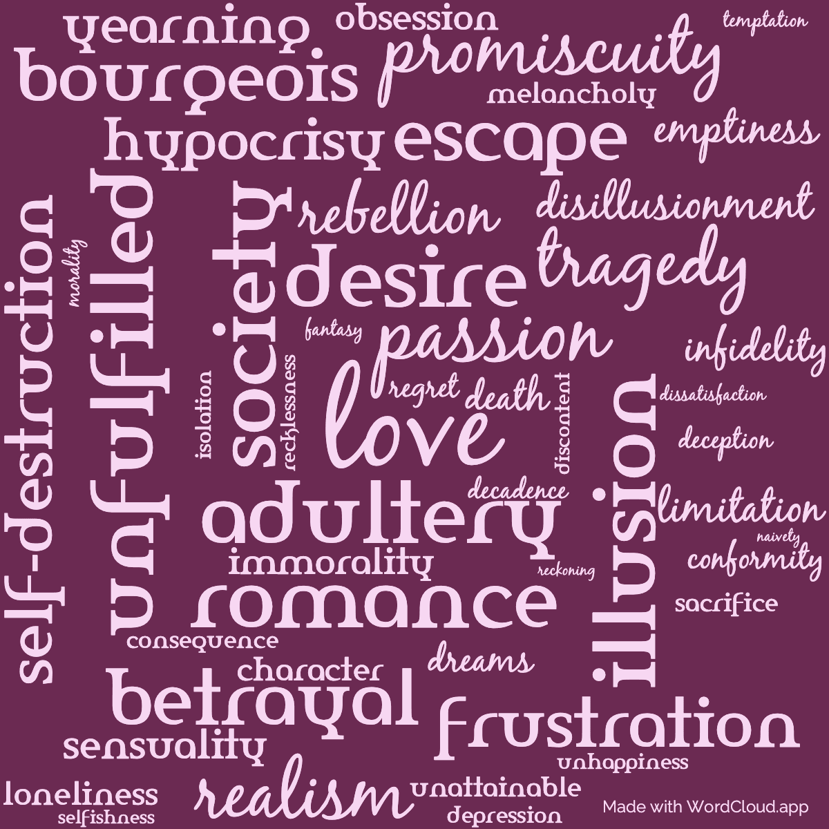 Word cloud of the book Madame Bovary with 50 words like love, passion and adultery.