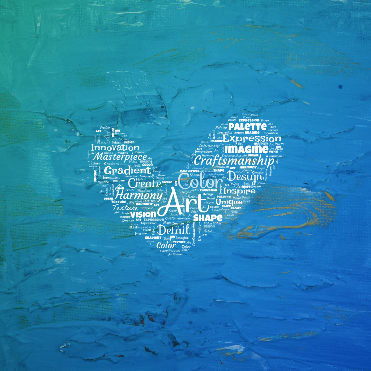 Word cloud in a Doodle Heart shape with 18 words like Art, Color and Craftsmanship in white.