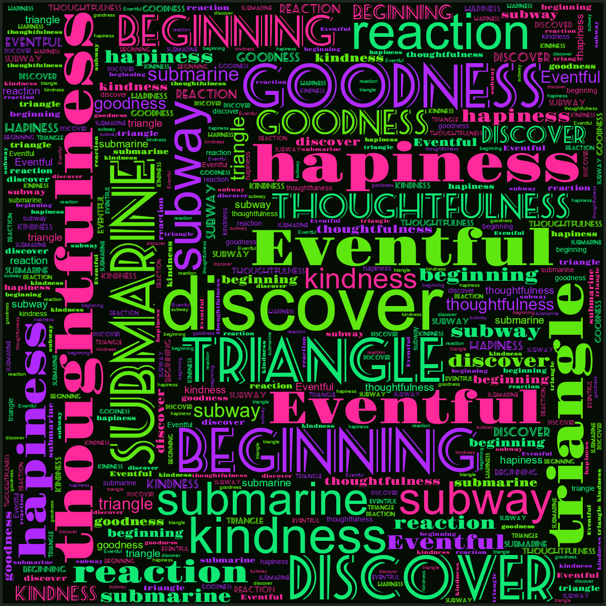 Word cloud in a Square shape with 11 words like discover, triangle and submarine in multicolor.