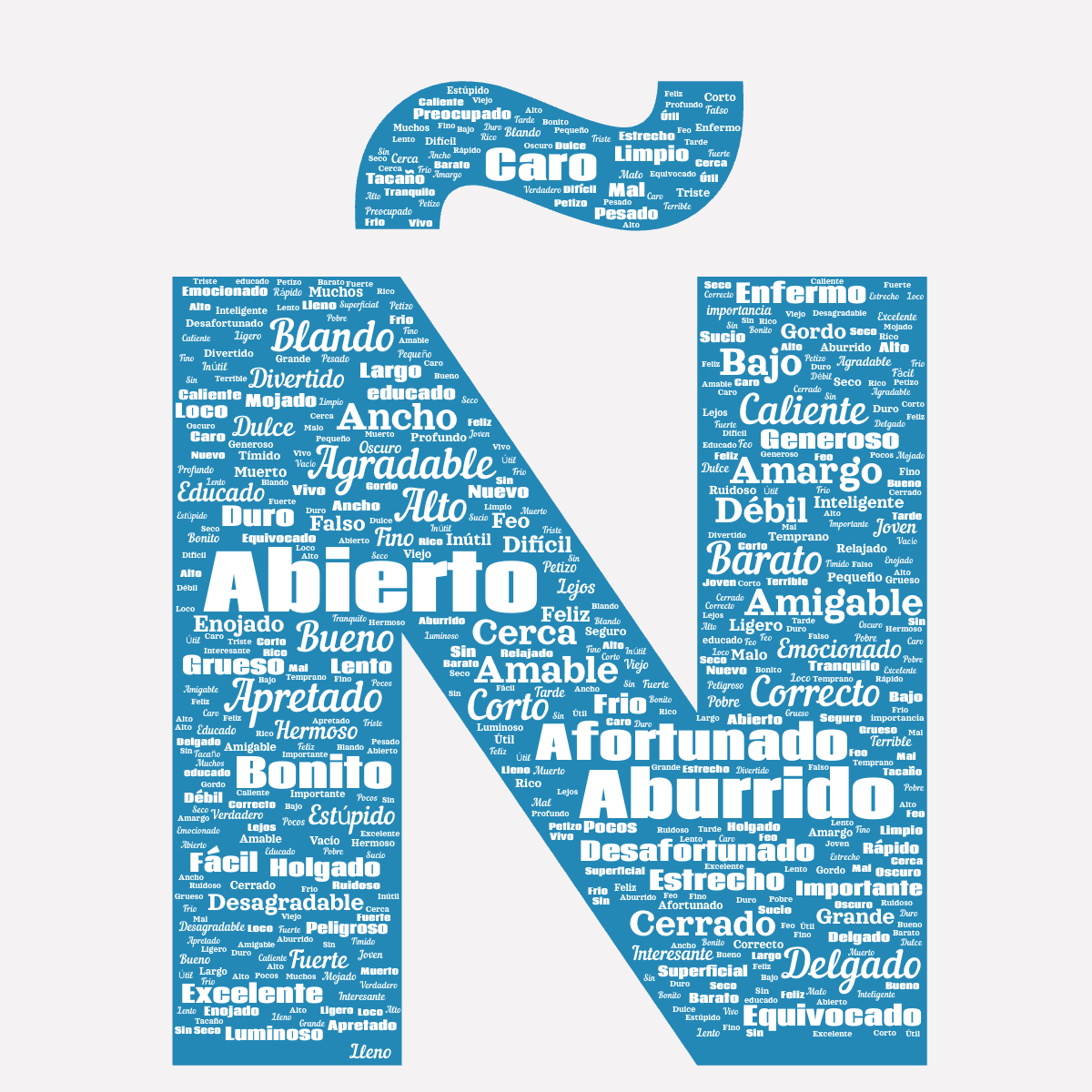 Word cloud in the shape of the letter Ñ with 102 words like Abierto, Aburrido and Afortunado in white, pink and blue.