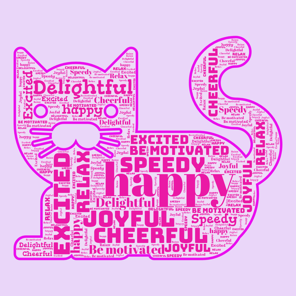 Word cloud in a Cat shape with 8 words like happy, Excited and Joyful in pink and purple.
