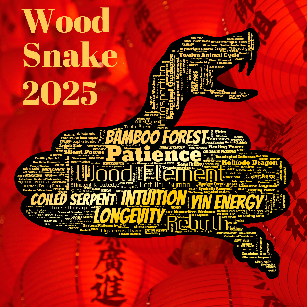 Word cloud in a Snake shape with 41 words like Sensibility, Wisdom and Calculated Decisions in orange, yellow and black.