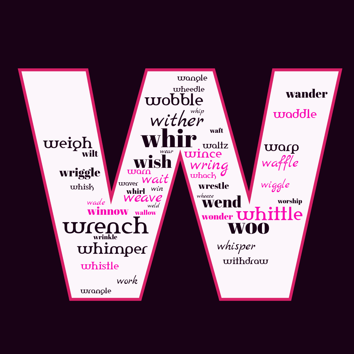 Word cloud in the shape of the letter W with 50 words like wish, whisper and wonder in black, purple and pink.