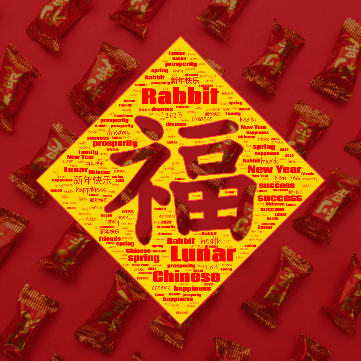 Word cloud in a Chinese Fu Character Fortune Luck Square shape with 14 words like Rabbit, Lunar and Chinese in red and yellow.