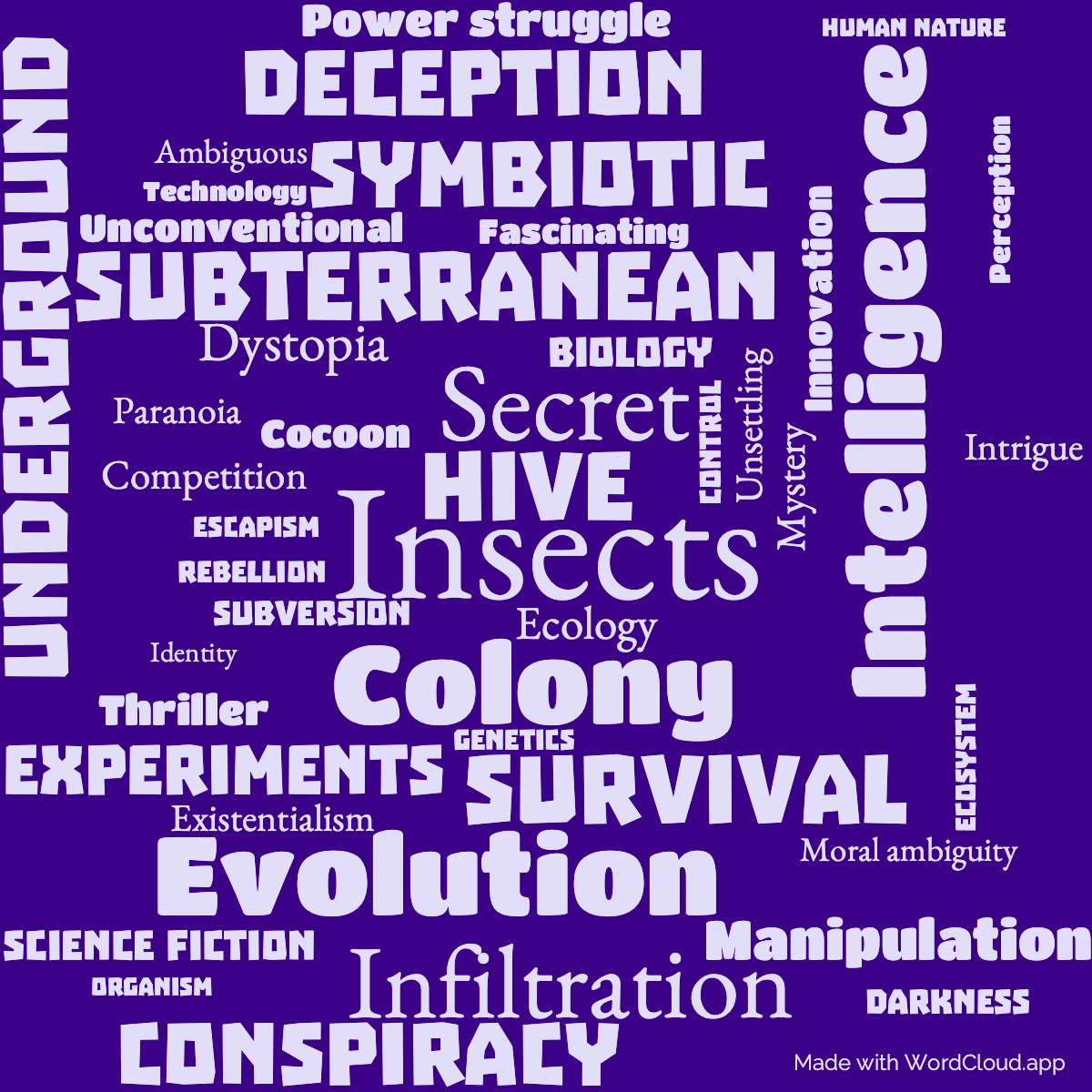 Word cloud of the book Hellstrom's Hive with 45 words like Insects, Hive and Colony.
