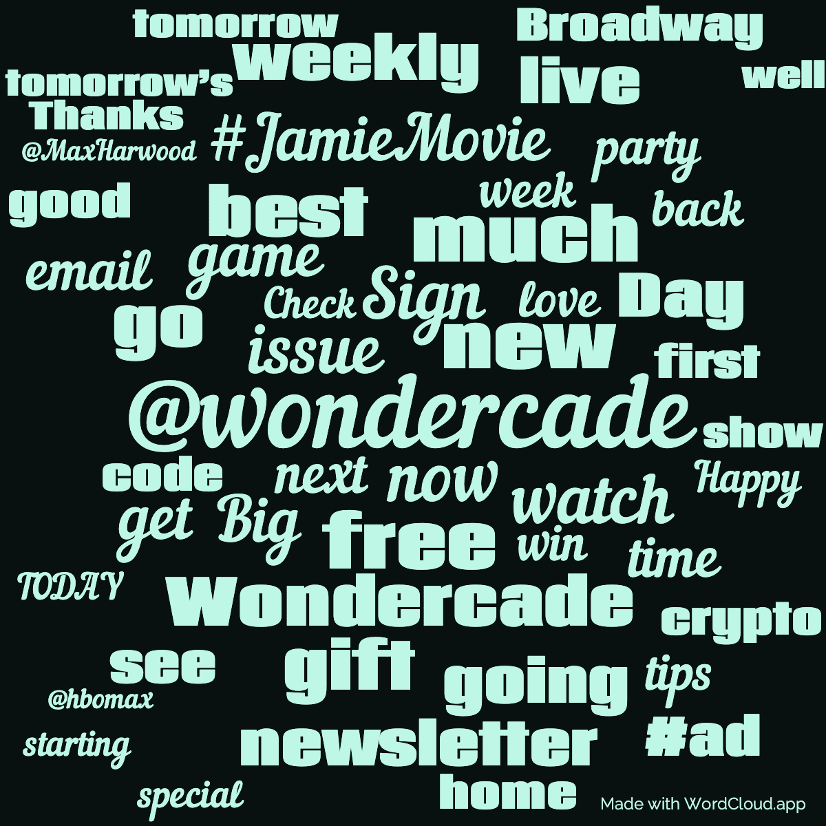 Word cloud with 50 words like @wondercade, Sign and now in green and black.