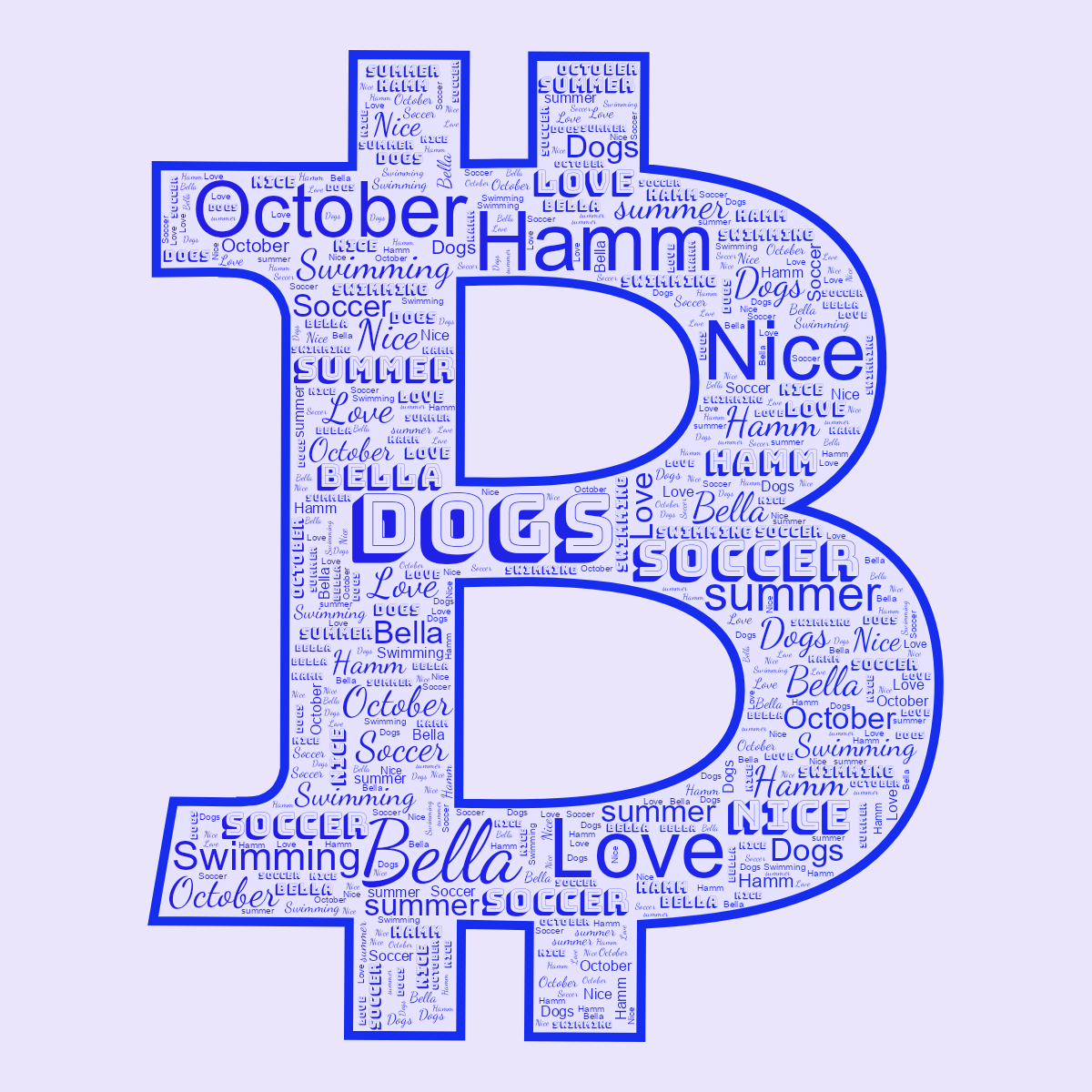 Word cloud in a Bitcoin shape with 9 words like Bella, Dogs and Hamm in blue.