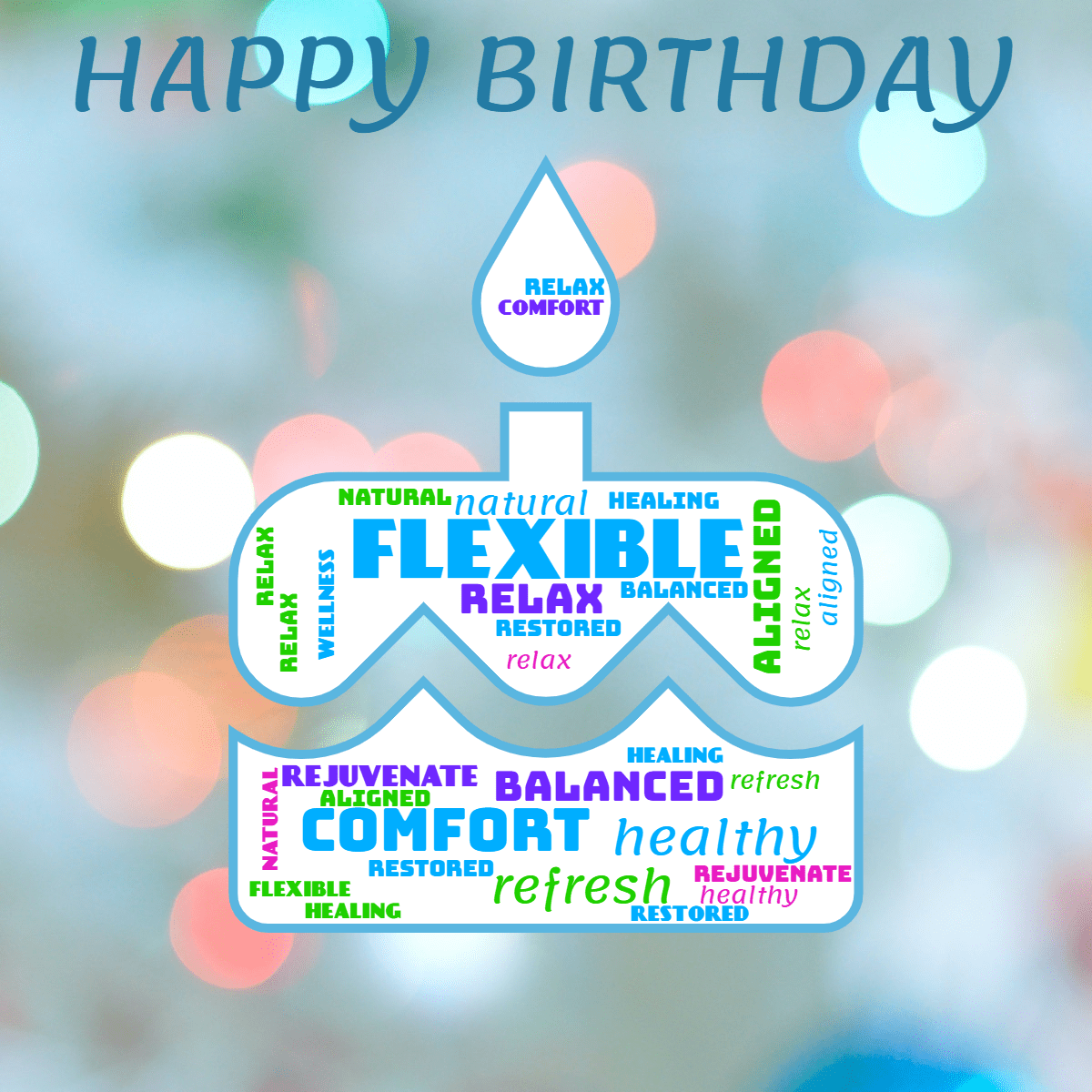Word cloud in a Cake shape with 14 words like flexible, comfort and healthy in multicolor.