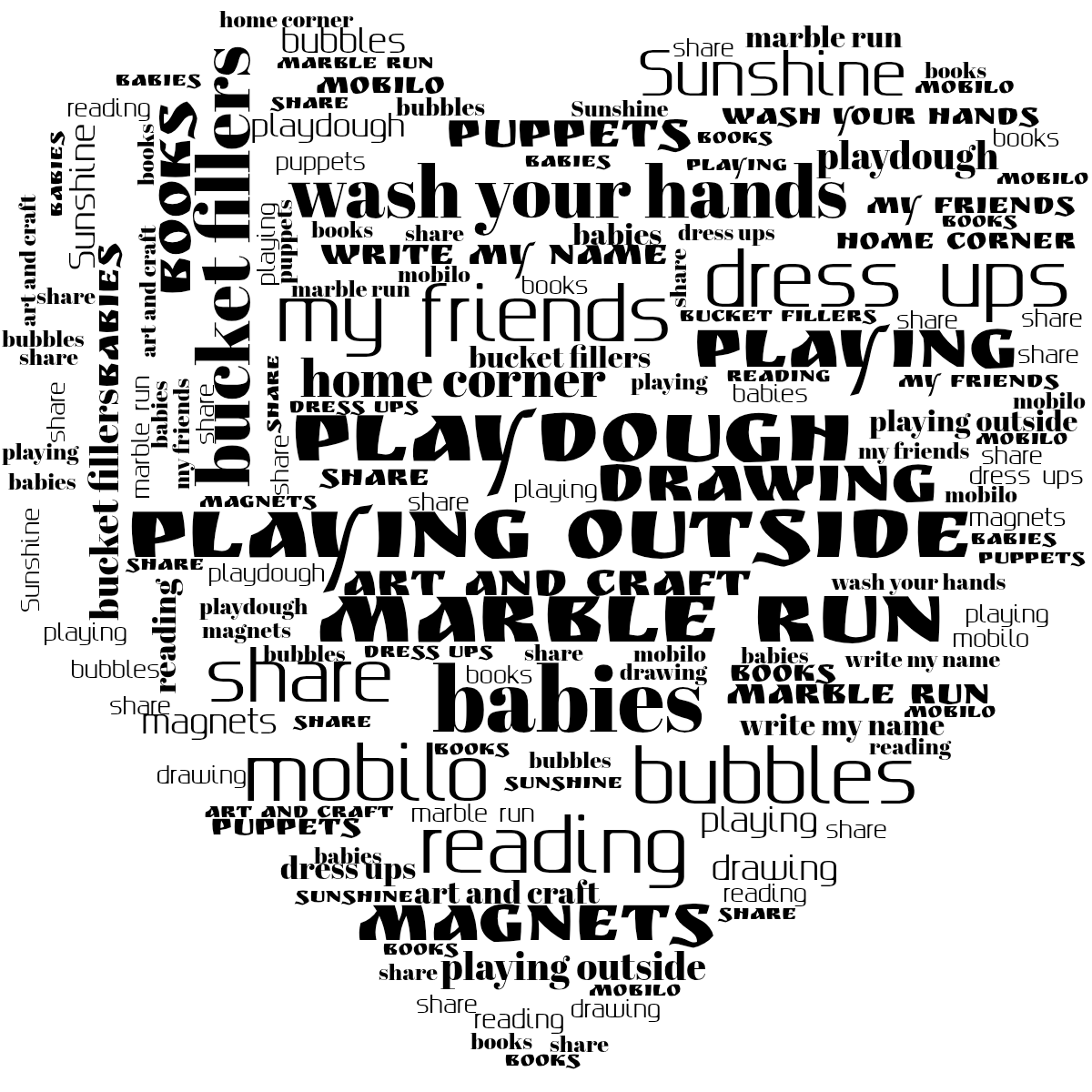 Word cloud in a Heart shape with 21 words like drawing, playing and home corner in black and white.