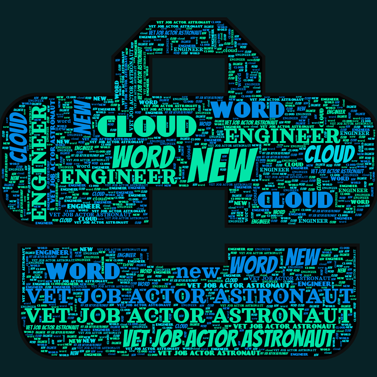 Word cloud in a Luggage Bag shape with 5 words like new, word and cloud in green, blue and black.