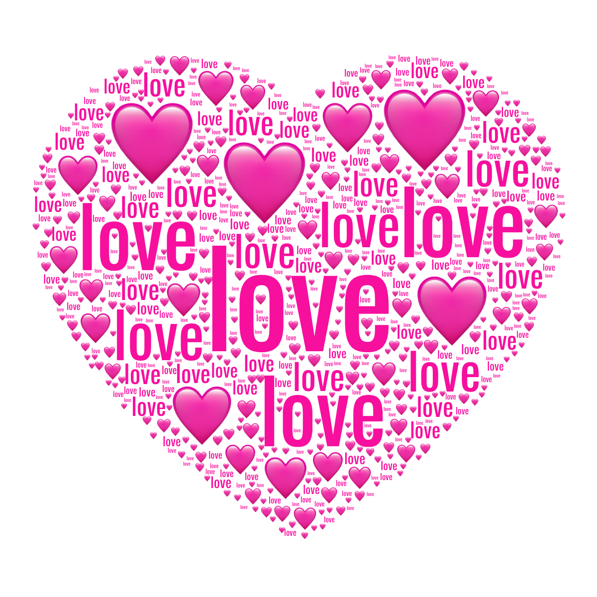 Word cloud in a Heart shape with 2 repeated words like love and 🩷 in pink and white.