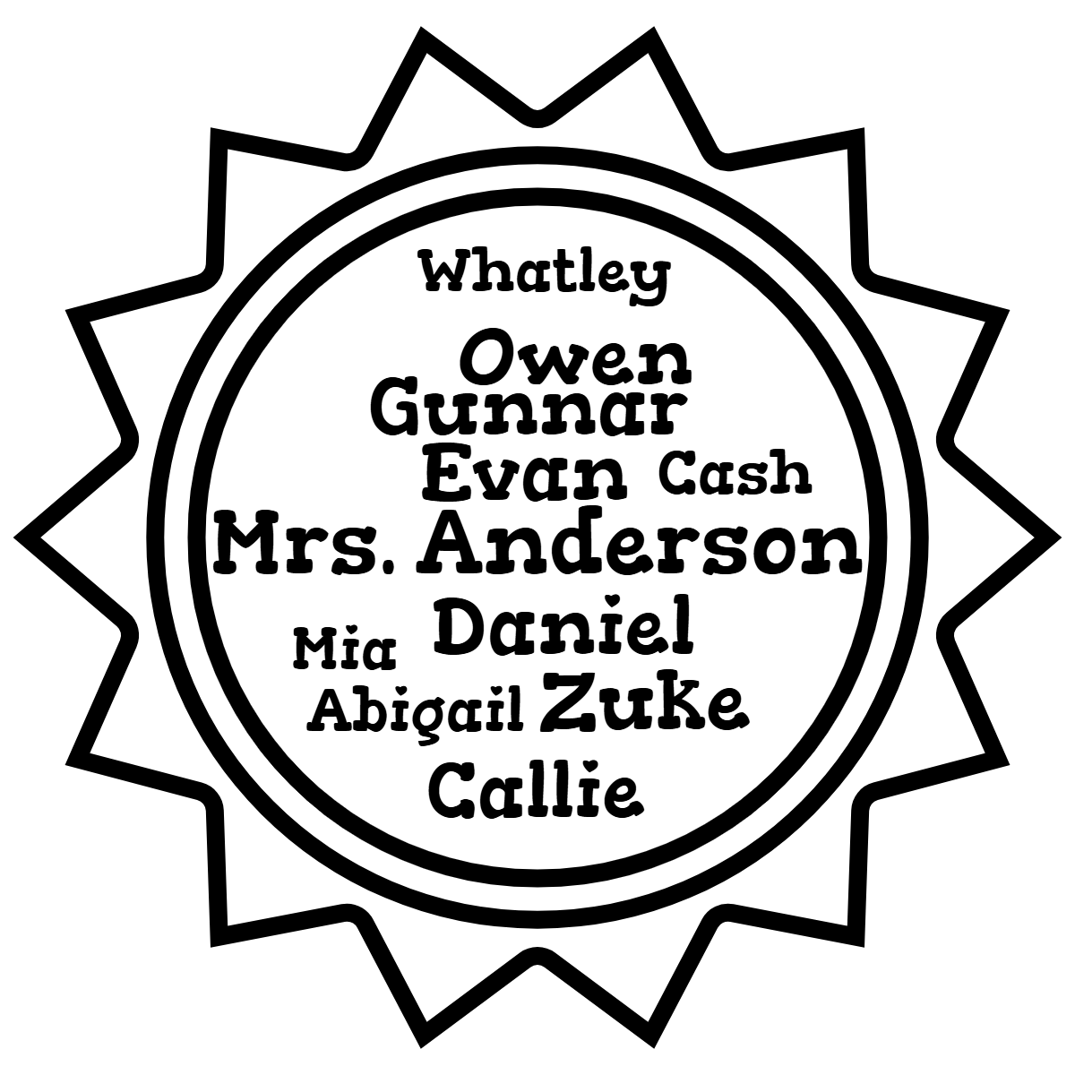 Word cloud in a Sun shape with 10 words like Whatley, Cash and Abigail in black.