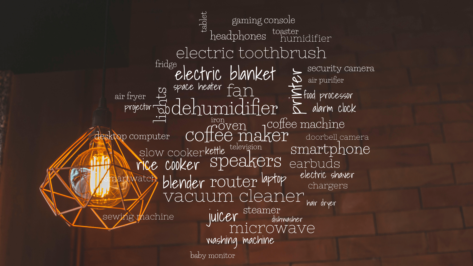 Word cloud with 47 words like smartphone, laptop and television in white.