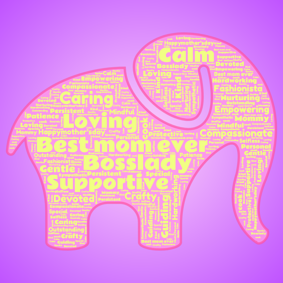 Word cloud in an Elephant shape with 29 words like Best mom ever, Bosslady and Supportive in green, purple and pink.