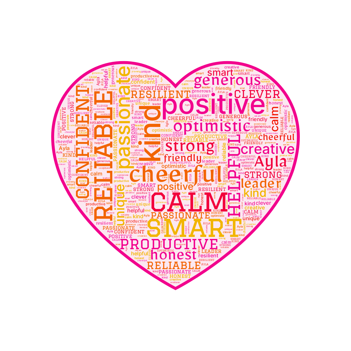 Word cloud in a Heart shape with 21 words like positive, optimistic and confident in multicolor.