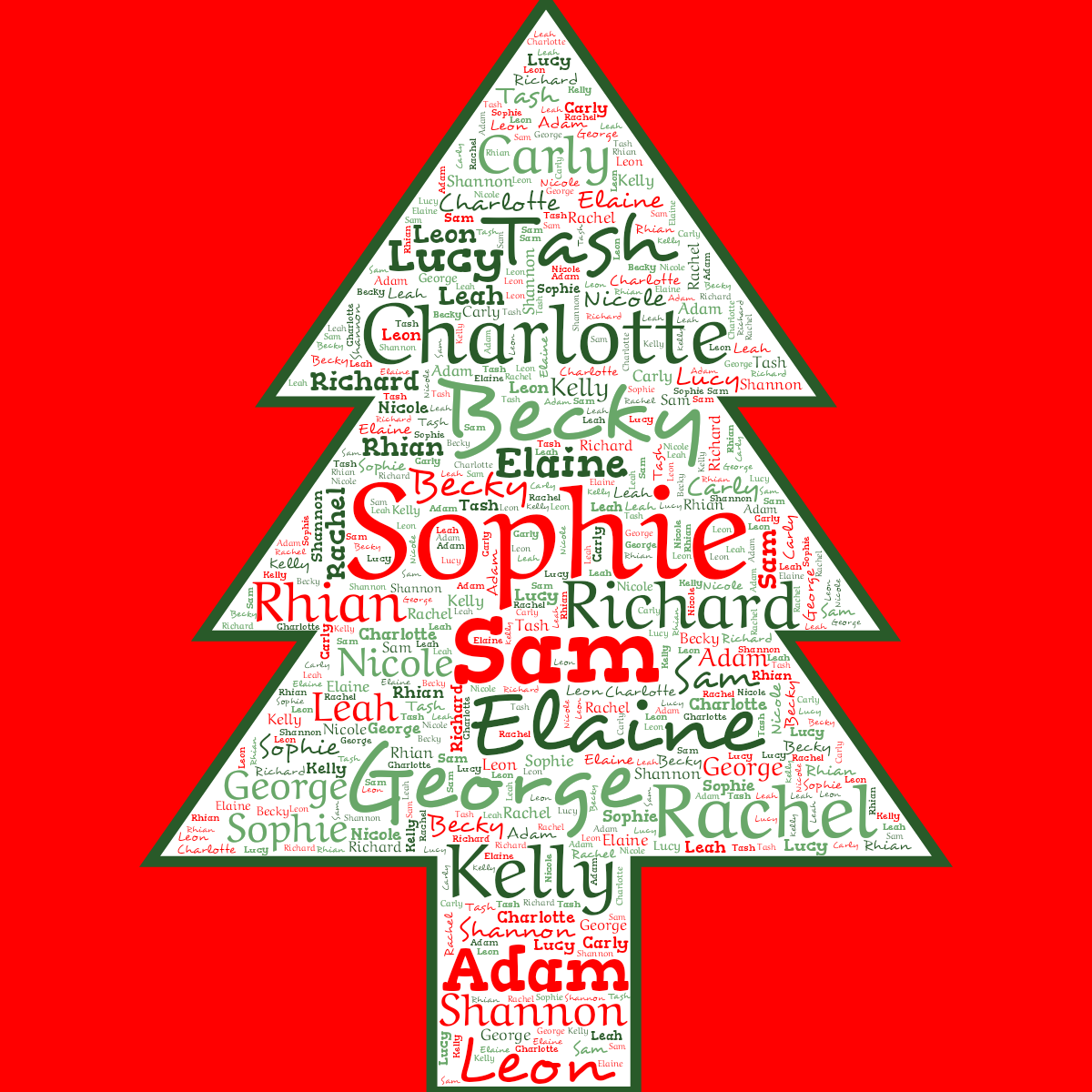 Word cloud in a Christmas Tree shape with 18 words like Sophie, Sam and Becky in red, green and white.
