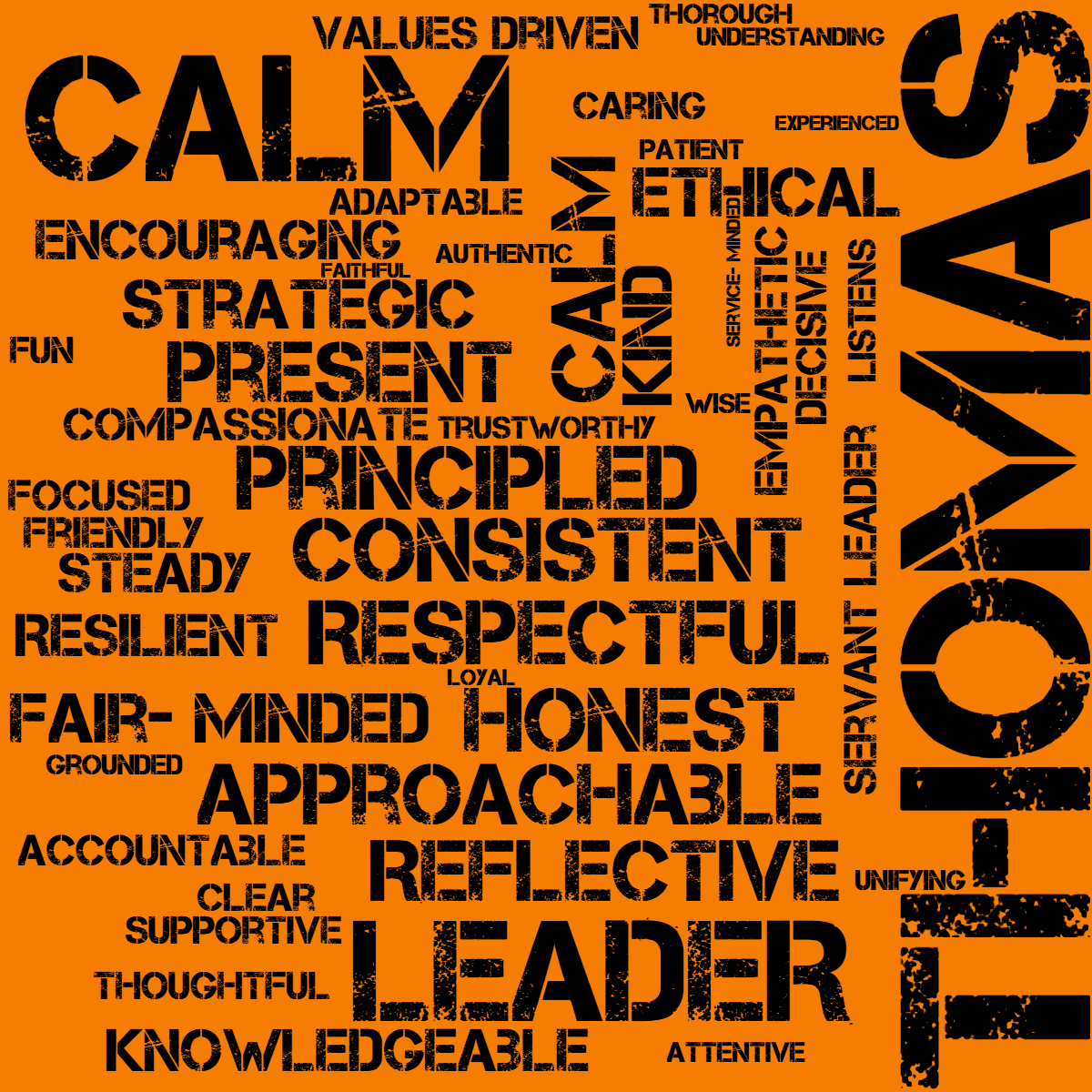 Word cloud with 44 words like Calm, Steady and Trustworthy in black and orange.