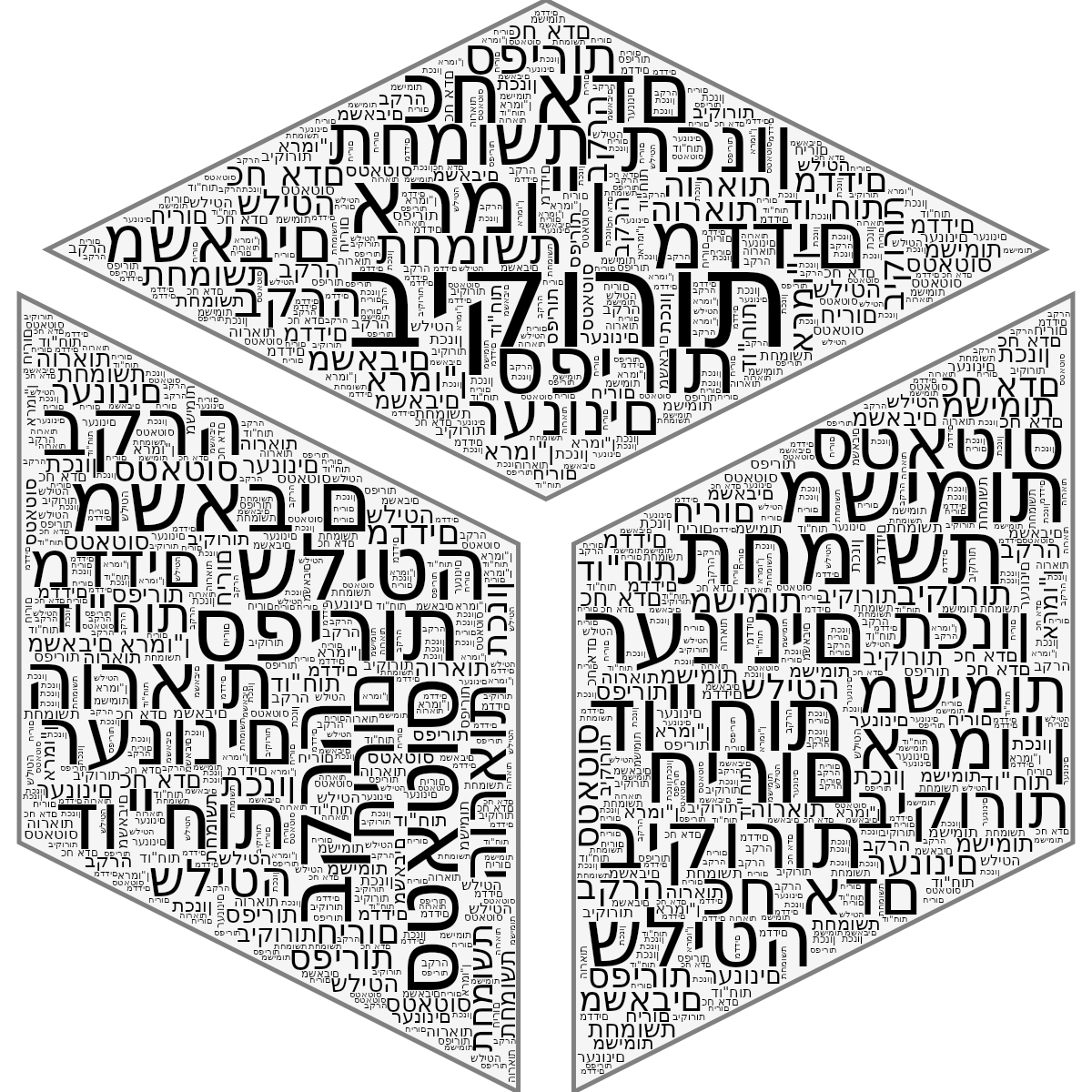 Word cloud in a Cube shape with 16 words like ביקורות, רענונים and ספירות in black, white and gray.
