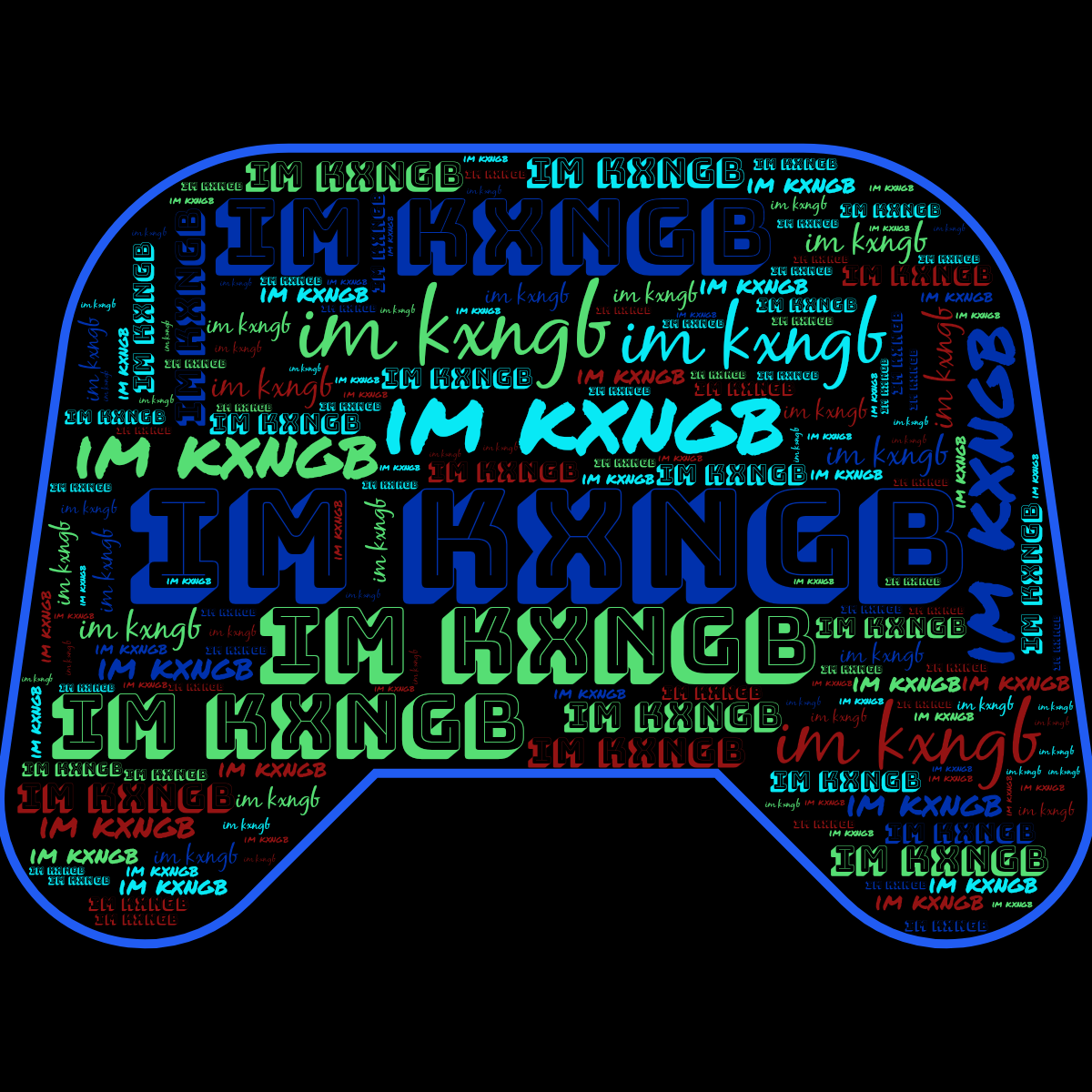 Word cloud in an Esports Controller shape with 1 repeated word im kxngb in multicolor.