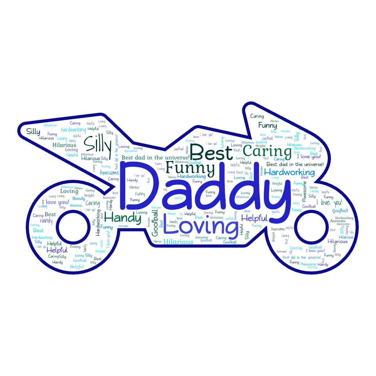 Word cloud in a Motorbike shape with 13 words like Loving, Silly and Funny in blue, green and white.