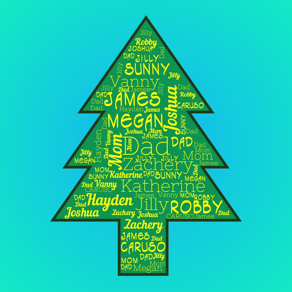 Word cloud in a Christmas Tree shape with 13 words like Dad, Mom and Zachery in yellow, blue and green.